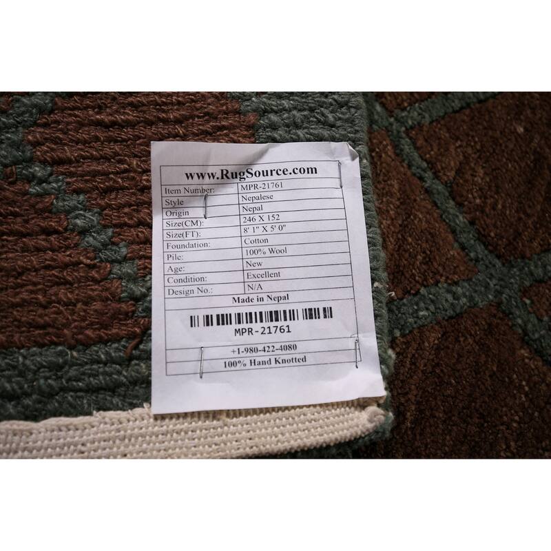 All-Over Brown Trellis Nepalese Oriental Rug Hand-Knotted Wool Carpet - 5'0"x 8'1"