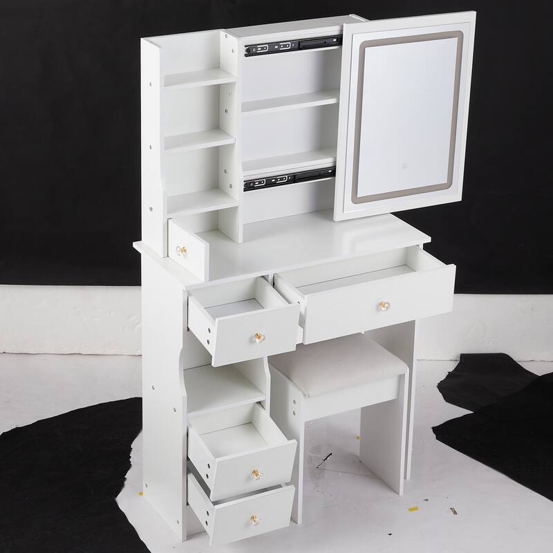 Dressing Table Stool Set with Brightness Adjustable Touch LED Mirror