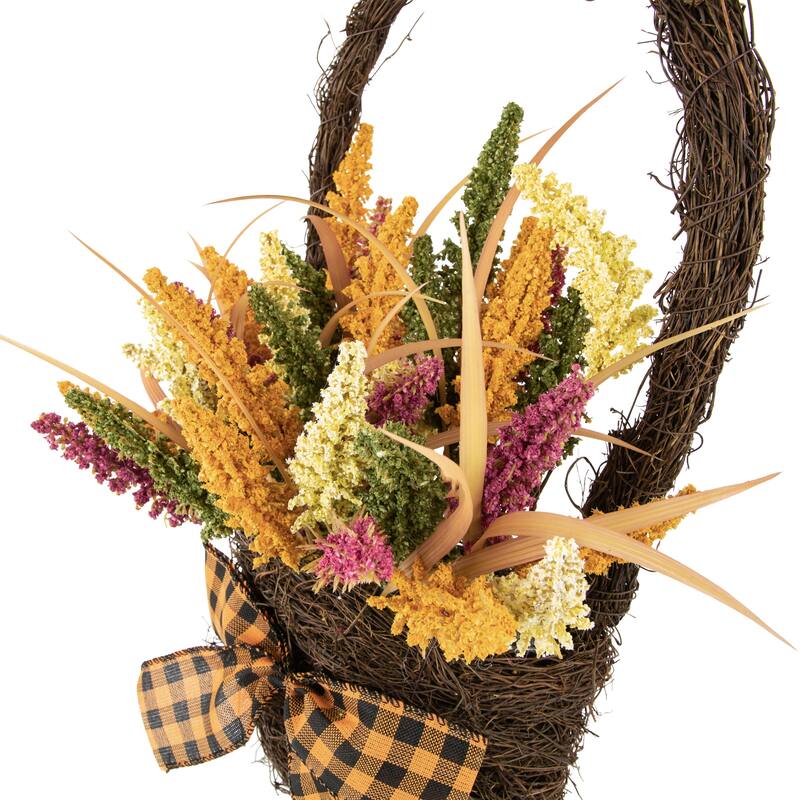 Autumn Harvest Hanging Basket with Artificial Foliage and Checkered Bow - 22"