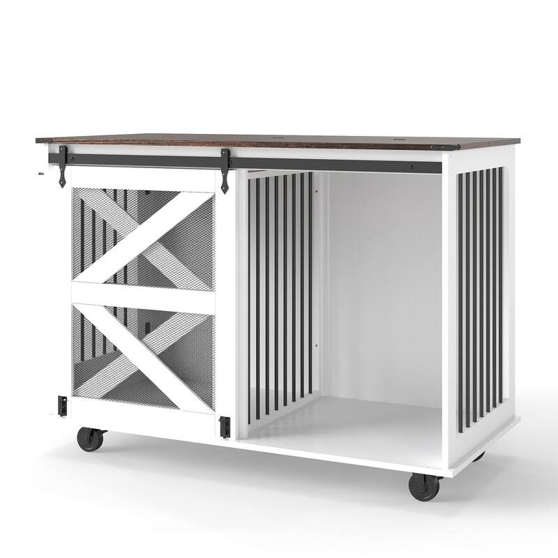 47.2" Multi-Functional Pet Kennel with Flip-Top Feeding Door, Dual-Access, 5 Caster System, Side Hooks