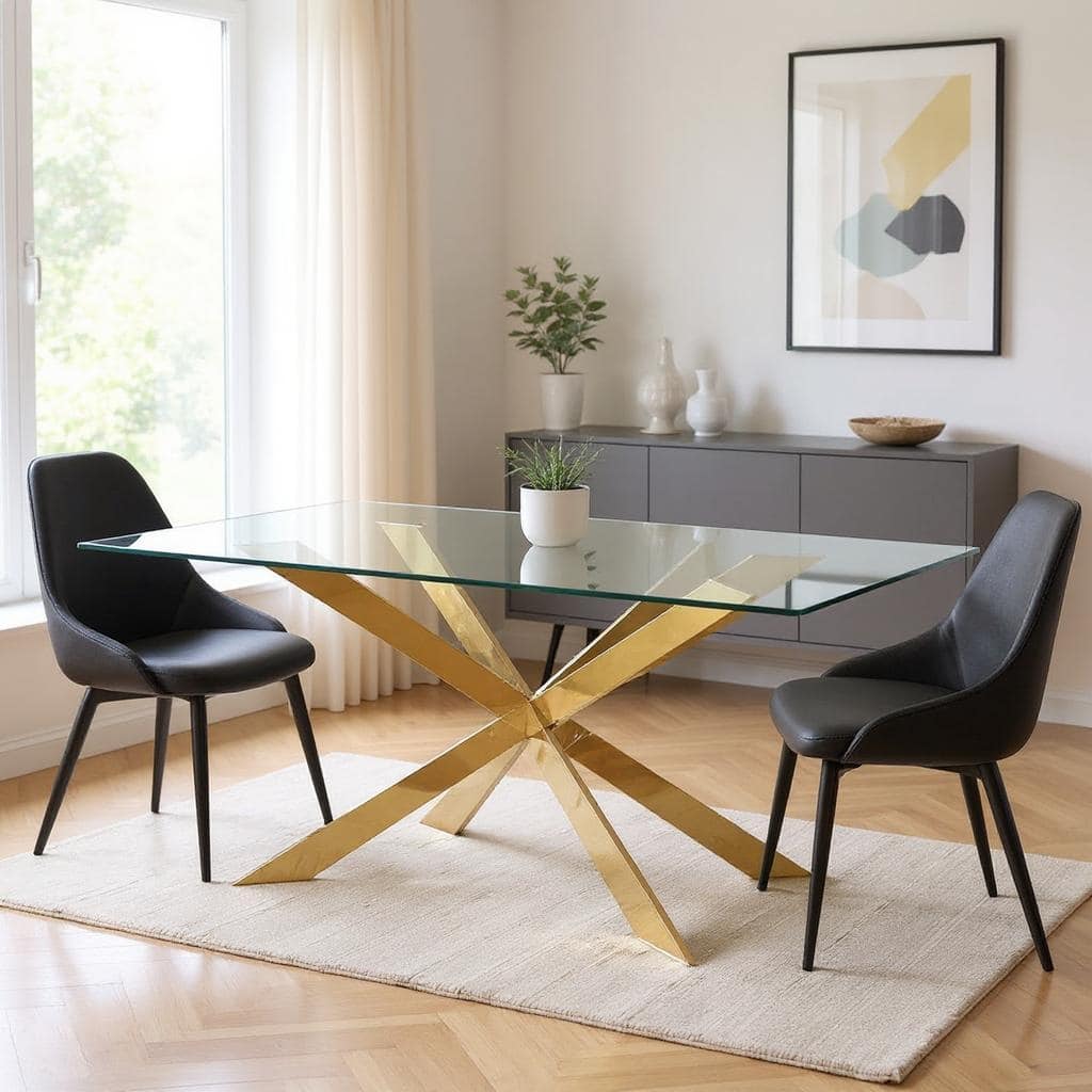 HomeRoots 72" Clear and Gold Glass and Metal Cross Leg Base Dining Table - 72.00 in. x 30.00 in. x 42.00 in.