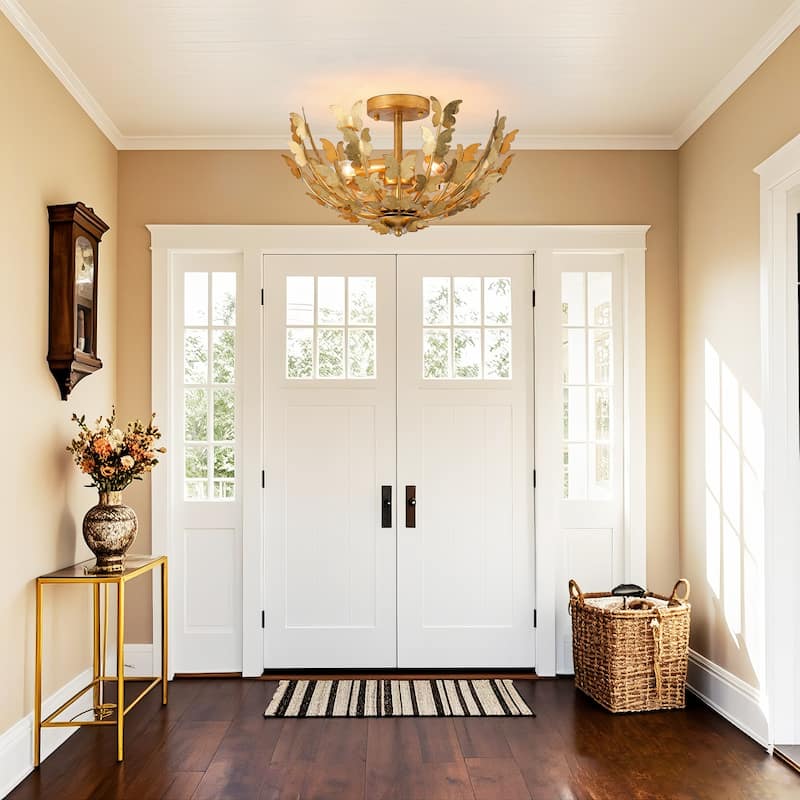 Antique Gold Butterfly Bowl 4-Light Semi Flush Mount Ceiling Light - 17.7"Wx10.4"H