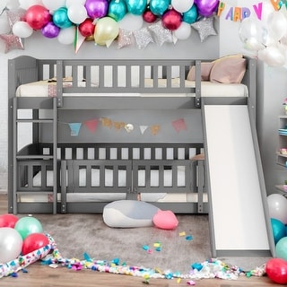 Modren Full over Full Versatile Low Bunk Bed With Slide,Fence and Ladder For Toddler Kids Teens