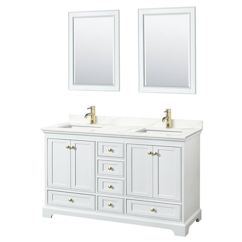 Deborah 60-inch Double Vanity, Quartz Top, 24-inch Mirrors - White, Gold Trim, Giotto Quartz Top