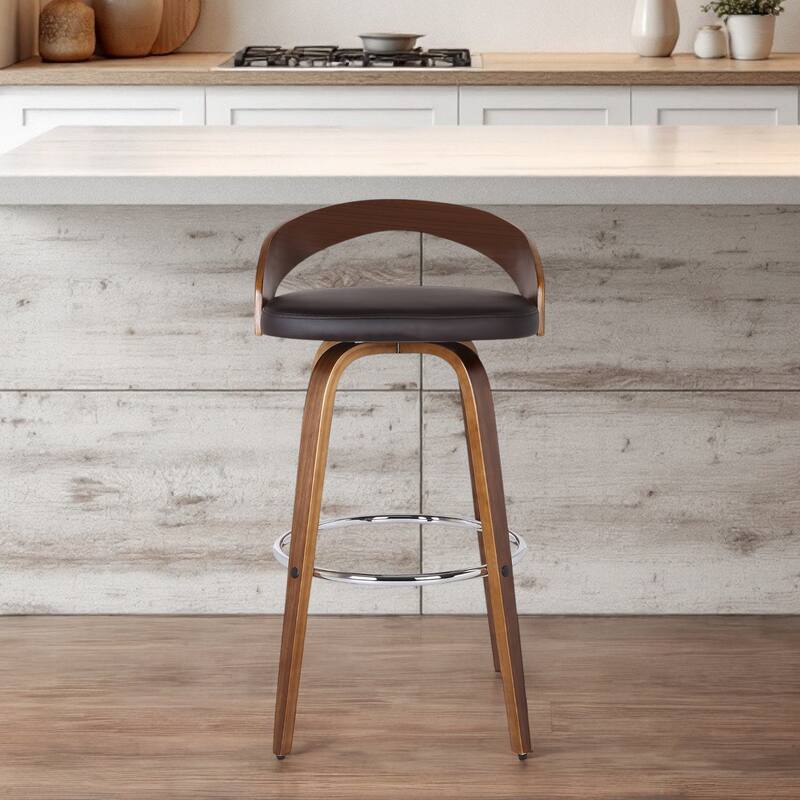 30" Modern Brown Bar Height Swivel Stool with Low Back Faux Leather Upholstery and Footrest - 35”H x 19”W x 19”D