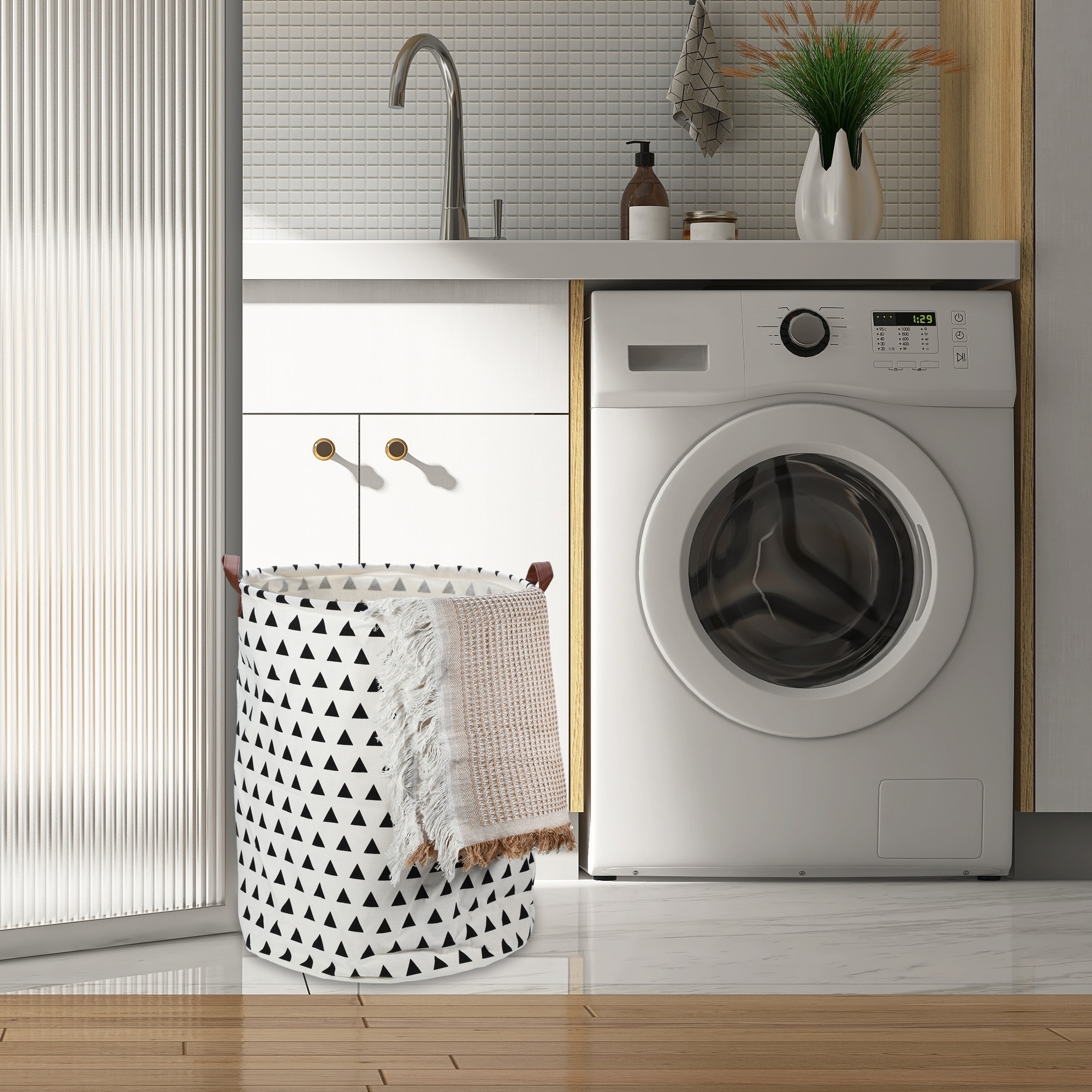 Foldable Cylindrical Laundry Basket for Laundry Room 19.69"x15.75" 60L Black 1 Pcs Triangle