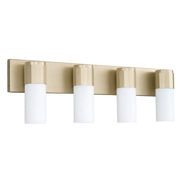 slide 2 of 6, Sutton 4-light Soft Gold Bath/ Vanity Fixture w/ Soft White Glass