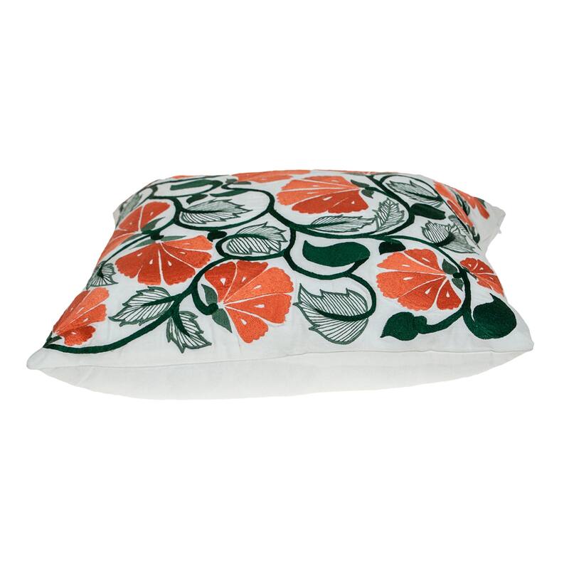 HomeRoots 22" Orange and White Floral Cotton Throw Pillow With Embroidery
