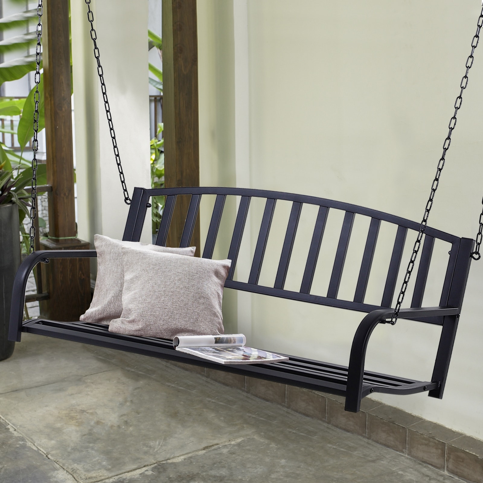 Outsunny  2 Person Front Hanging Porch Swing Bench, Ourdoor Steel Weather Resistant Swing with Chains, 50L