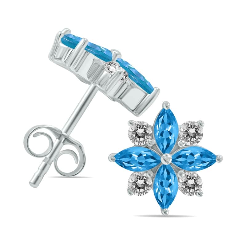 Marquee 1 Carat TW Blue Topaz and Diamond Flower Earrings in 10K White Gold