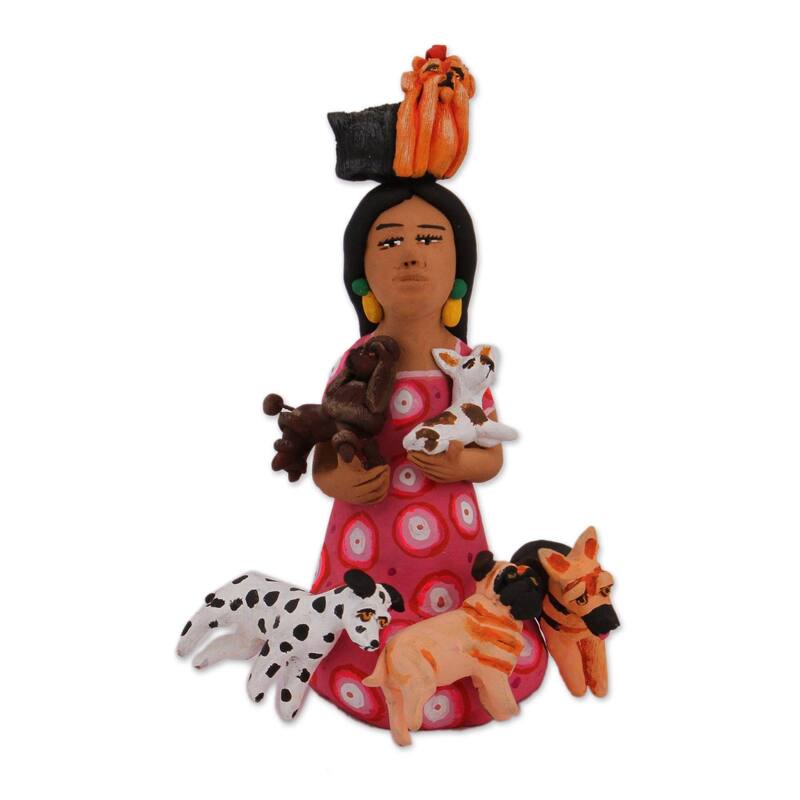 Novica Handmade Woman With Dogs Ceramic Sculpture