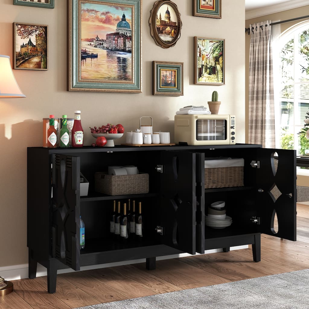 Sideboard Buffet with Hollow Carved Doors, Wood TV Media Console Table, Accent Cabinet with Adjustable Shelves