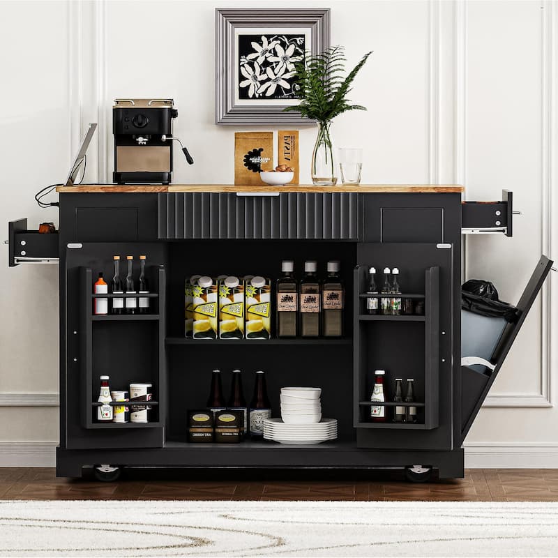 Fluted Kitchen Island with Trash Can Storage Cabinet, Kitchen Cart with Power Outlet Rolling Kitchen Islands on 5 Wheels