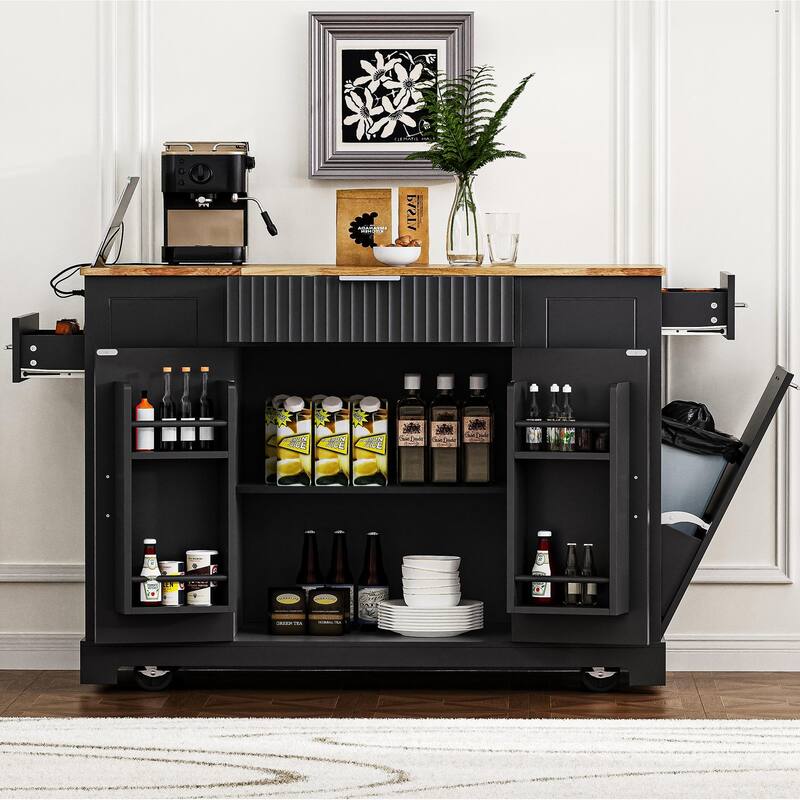 Fluted Kitchen Island with Trash Can Storage Cabinet, Power Outlet, Rolling Kitchen Islands on 5 Wheels with 3 Open Side Racks