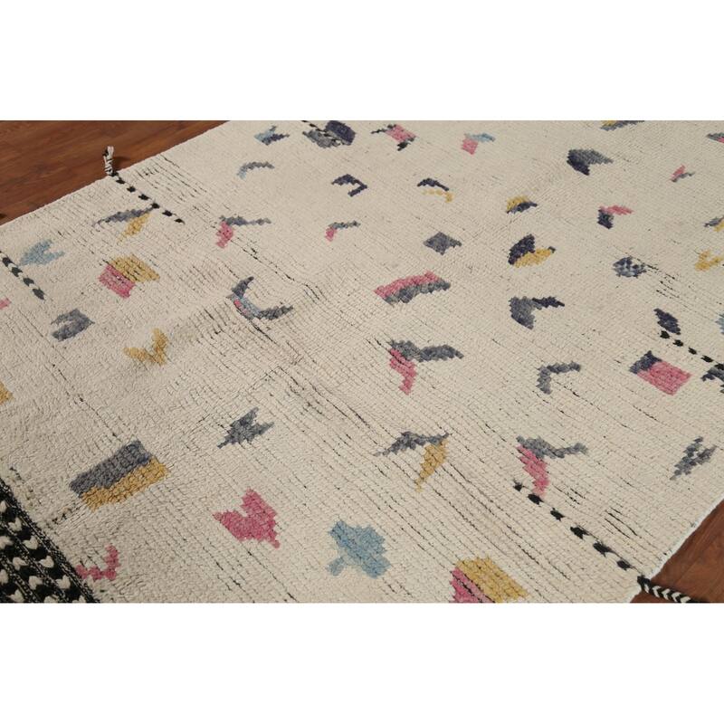 Earth Tone Moroccan Area Rug Hand-Knotted Beige Wool Carpet - 4'10"x 9'2"