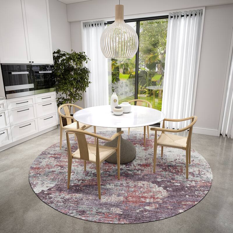 Indoor/ Outdoor Accord Modern Brushstrokes Polyester Washable Rug New - 8' x 8' Round - Purple Grey