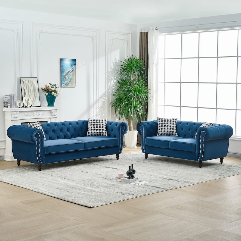 Roomfitters 85" + 65" Classic Chesterfield Upholstered Sofa and Loveseat Set, Scrolled Arm Couch with Button Back Design - Blue