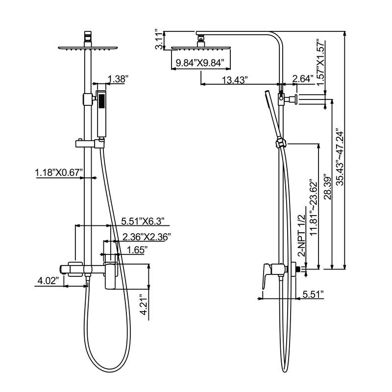 Exposed Wall-Mounted Shower System with tub spout and rough-in Valve