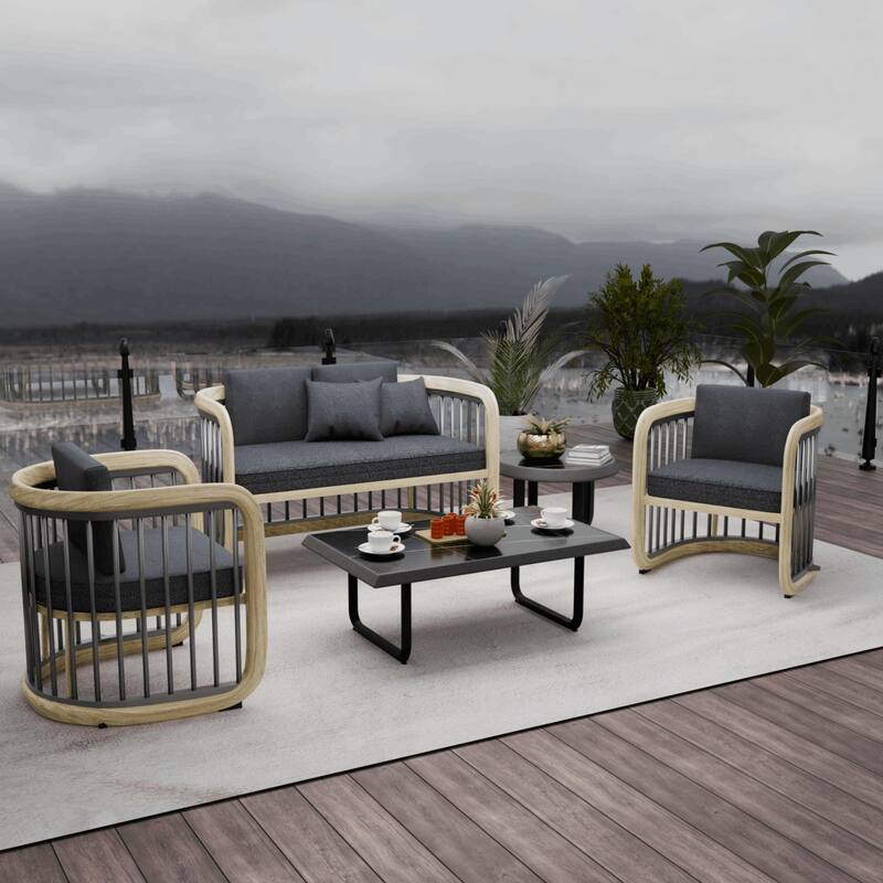 Klyra 5-Piece Outdoor Patio Conversation Set in Aluminum with a Rectangular Coffee Table , End Table and Olefin Fabric Cushions