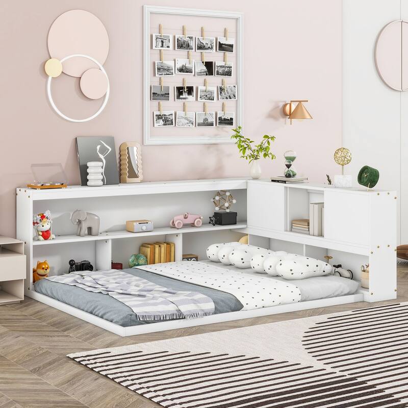 Modern Full Floor Bed with Built-in L-Shaped Bookshelves & Sliding Door Storage - No Box Spring Required - White - Full