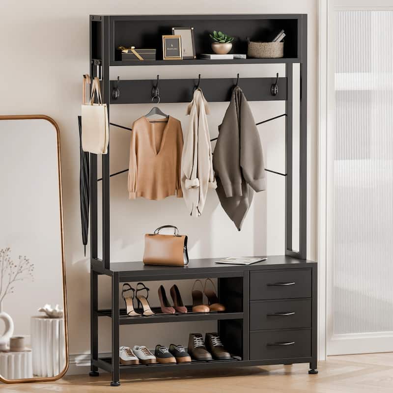 5-in-1Hall Tree Entryway Shoe Rack with 7 Hooks& 3 Drawers