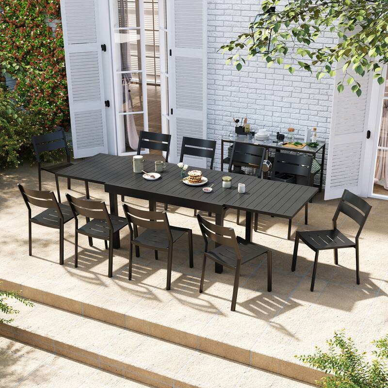 11PC Outdoor Aluminum Dining Set Expandable Rectangle Patio Table with Stackable Chairs - Table-Black&Chair-Grey