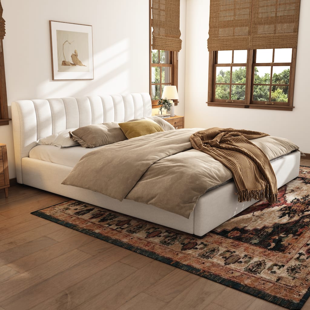 Christopher Knight Home - Serena Modern Linen Upholstered Bed Frame with Thick Headboard and Wooden Legs