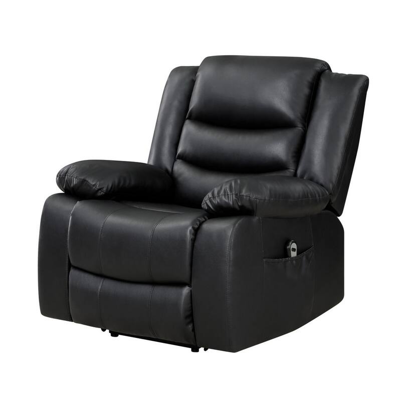 Carry 39 Inch Power Lift Recliner Chair, Black Faux Leather, Solid Wood