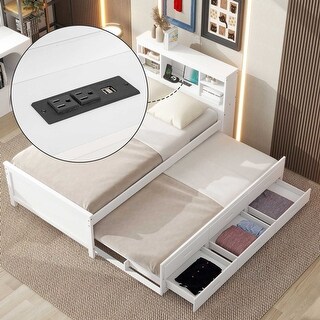 Twin Size Platform Kids Bed Frame with Storage Headboard, USB, Twin Size Trundle and 3-Drawers for Bedroom, White
