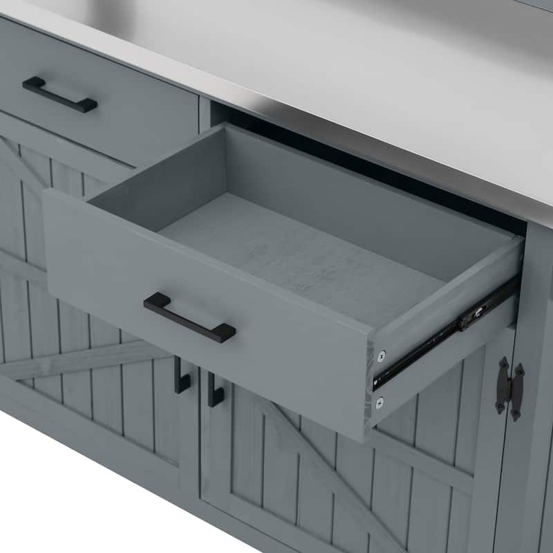 54.1" Outdoor Kitchen Island,Outdoor Grill Cart on Wheels, Potting Bench Table with Stainless Steel Top and Storage Cabinet - Grey/Blue