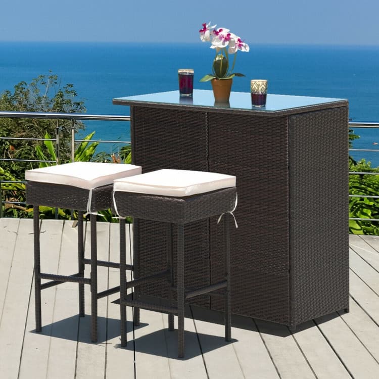 3-Piece Patio Rattan Wicker Bar Set with 2 Cushioned Stools for Outdoor Entertaining - 40" x 24" x 41.5" (L x W x H)