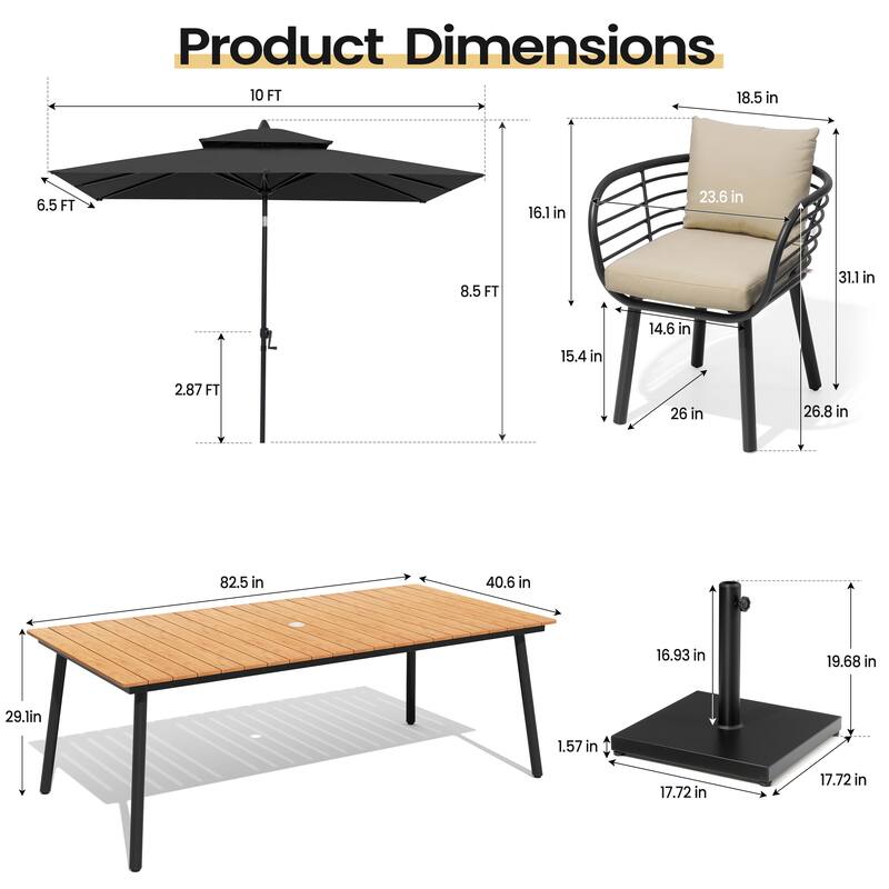 11PC Outdoor Patio Dining Set Aluminum Table with Sunbrella Cushion Chairs w/ Market Umbrella Sets