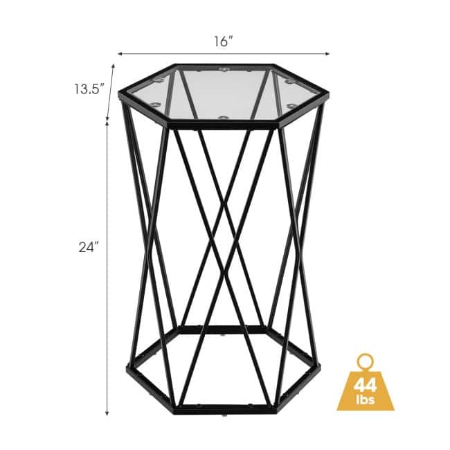 End Table Tempered Glass Top Metal Frame Hexagonal Accent Side Table Living Room - 16" x 13.5" x 24" (Lx Wx H)