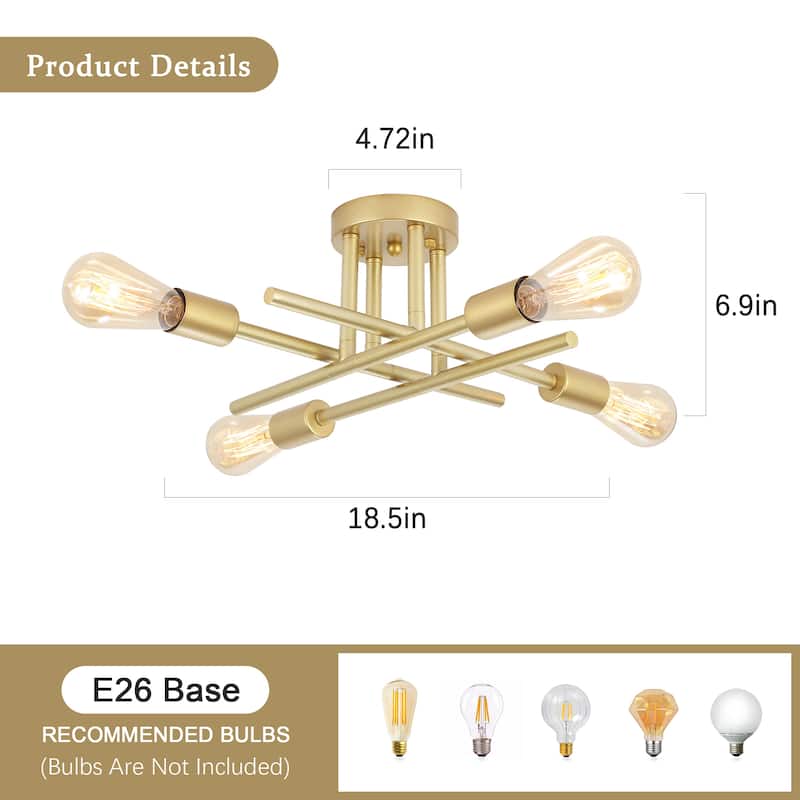 4-Light Modern Semi-Flush Mount Light for Bedroom Study Living Room