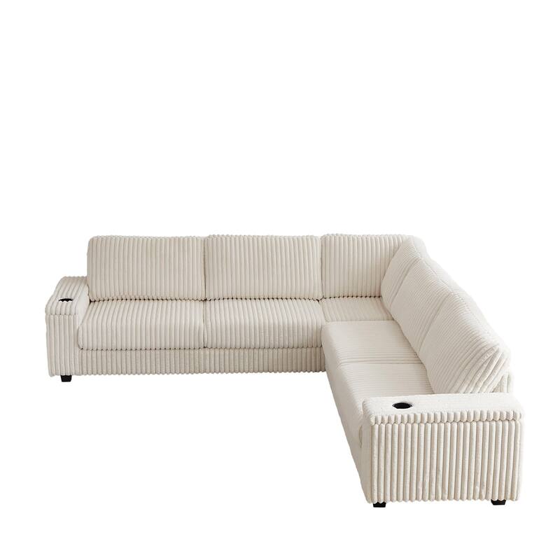 110" Corduroy L-Shaped Sectional Sofa with Storage, USB Charging and Cup Holders