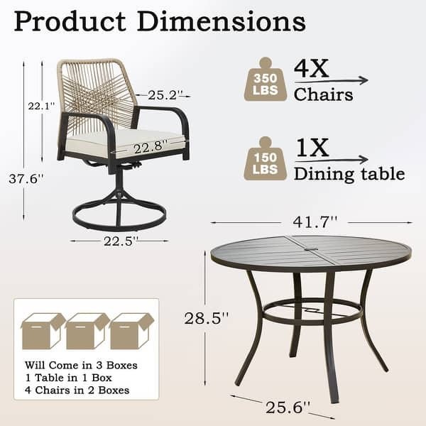dimension image slide 0 of 2, Outdoor Dining Set, Swivel Rattan Chairs w Thick Removable Cushion, Dining Table w Umbrella Hole, Patio Furniture Set
