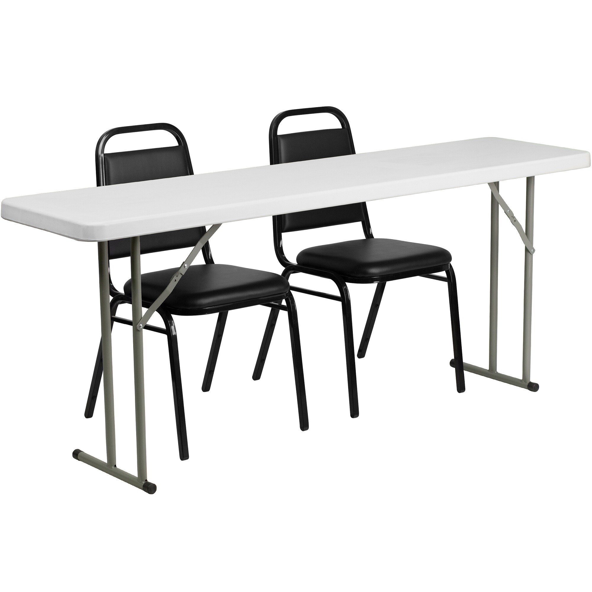 Set of 3 White and Black Plastic Training Table with Trapezoidal - Back Stackable Chairs, 72"