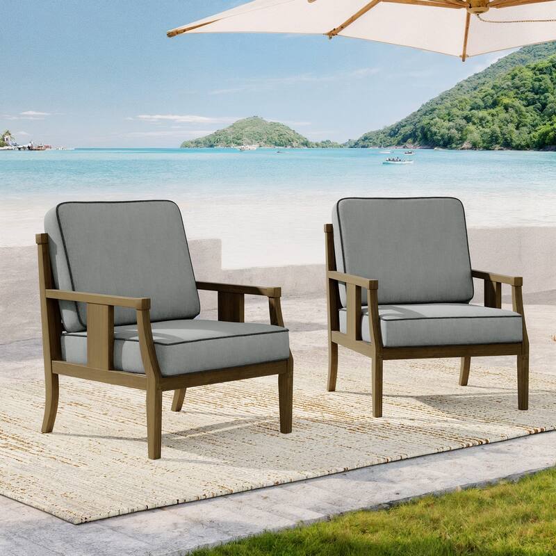 2 Set Brown Wood Outdoor Accent Club Chairs with Water-Resistant Cushions - Grey