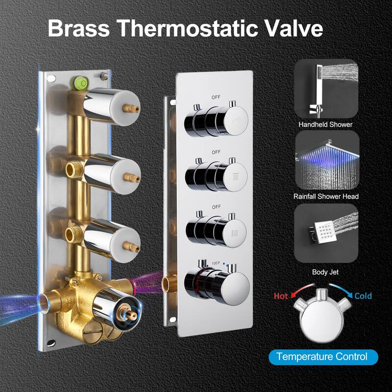 Luxury Thermostatic Shower System 3-Spray Patterns 12" Wall Mount Rain Dual Shower Heads with LED and 6 Body Jets in Chrome