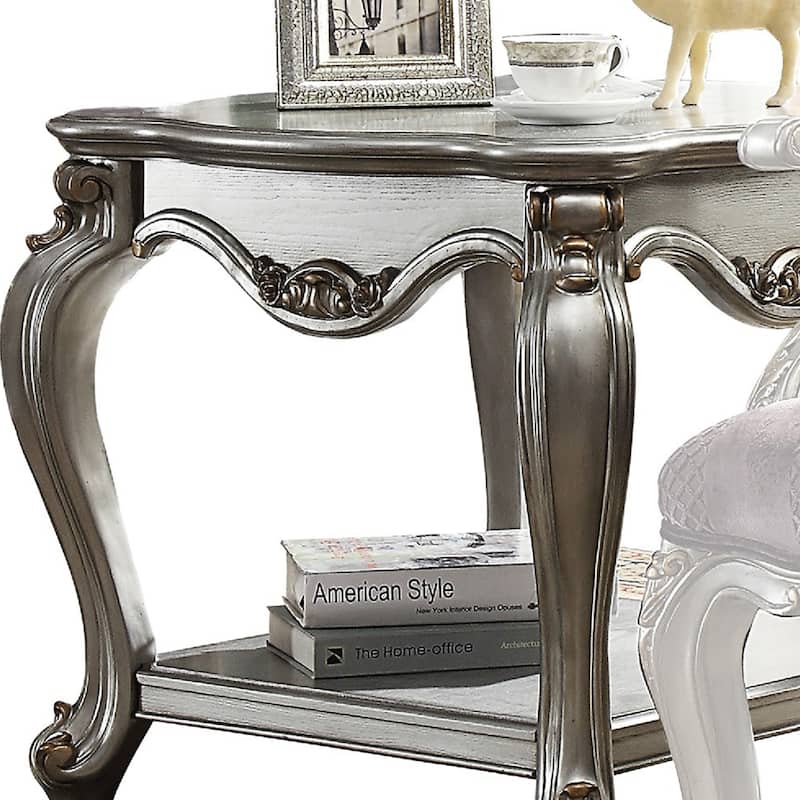 Side End Table, Scalloping, Polyresin Carvings and Bottom Shelf, Silver