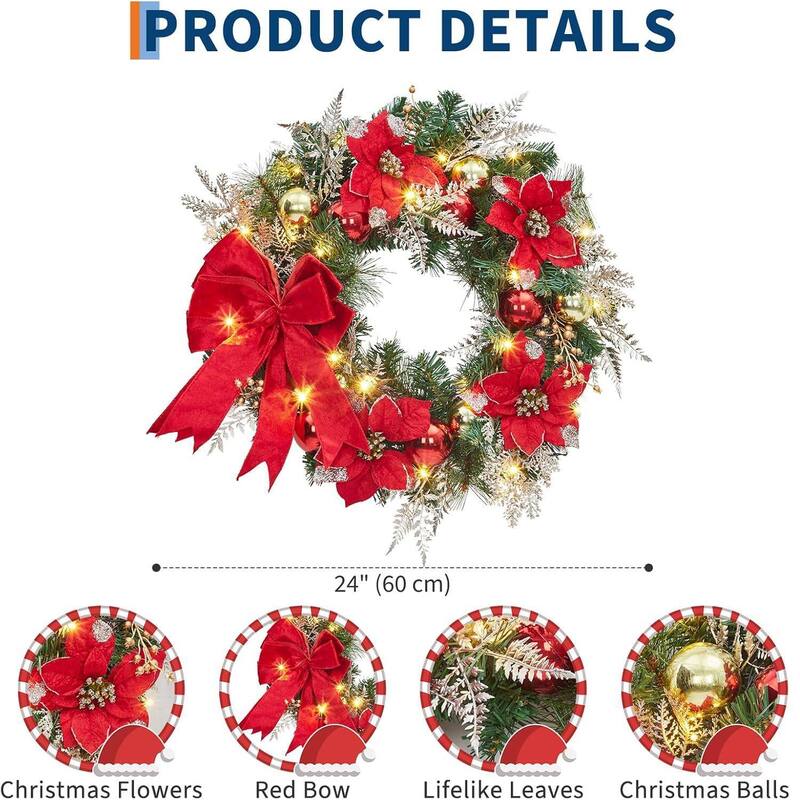 24 Inch PVC Christmas Wreath, Red Bow Garland for Front Door - N/A