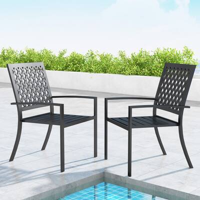 Set of 2 Metal Stackable Chairs Patio Chairs, Black Patio Outdoor Dining Chairs with Armrest for Outside, Porch, Garden - N/A