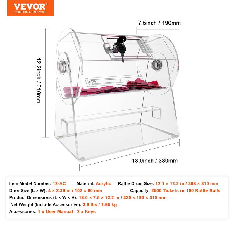 VEVOR Acrylic Raffle Drum, Professional Raffle Ticket Spinning Cage with 2 Keys, Transparent Lottery Spinning Drawing. - White