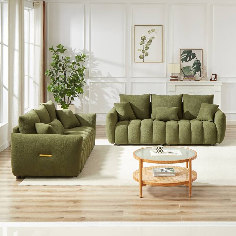 3-Seater + 3-Seater Sofa Set - Modern Teddy Fabric Couch with 6 Cushions for Gatherings