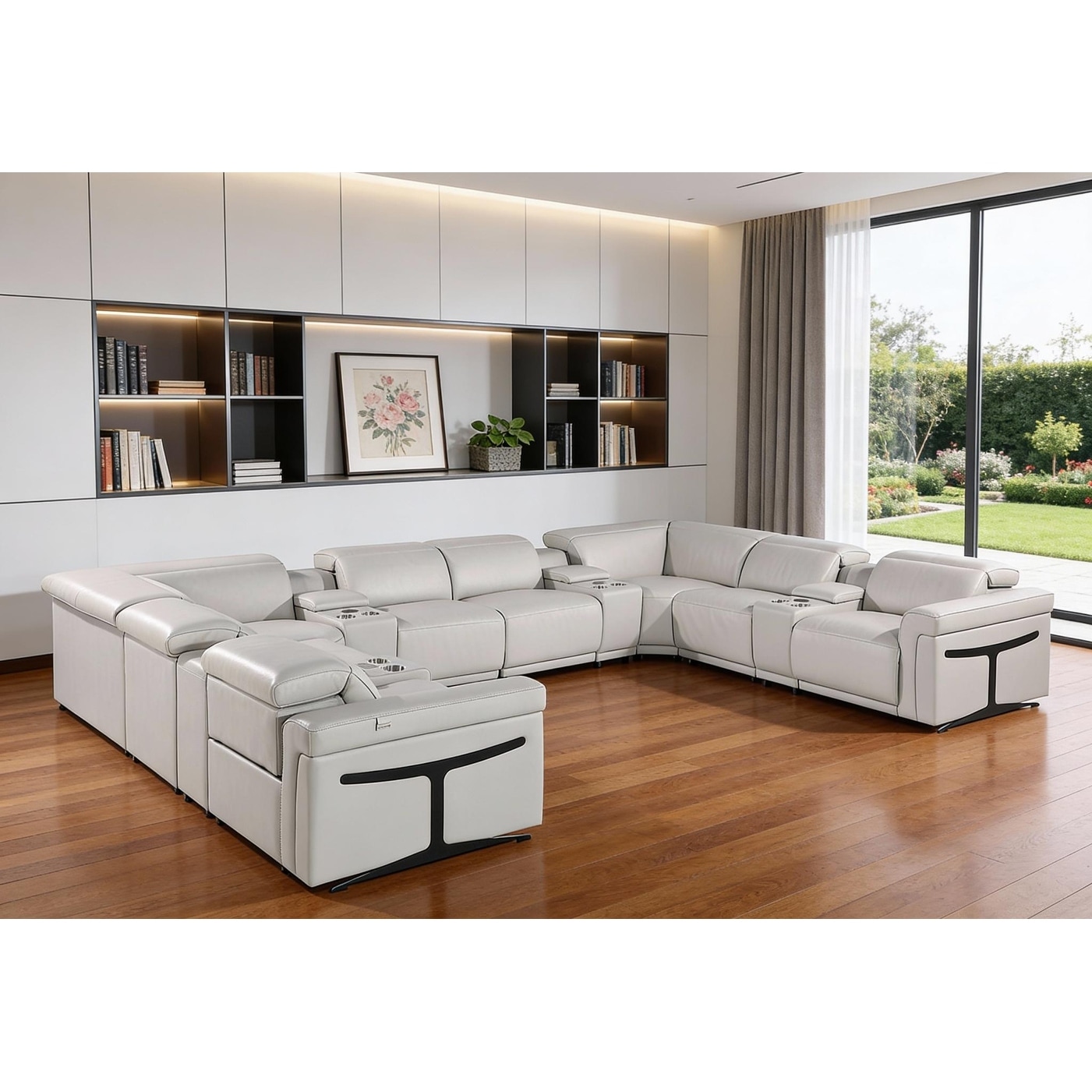 HomeRoots Light Gray Italian Leather Power Reclining U Shaped Twelve Piece Sectional With Console