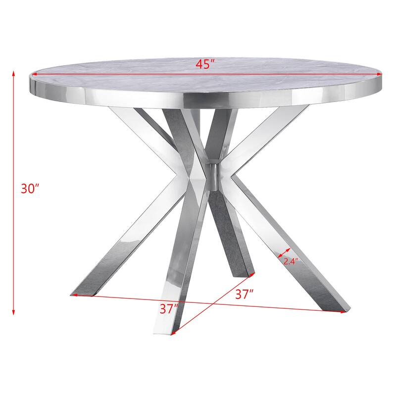 Round Dining Room Table with Silver Stainless Steel Metal Cross Base