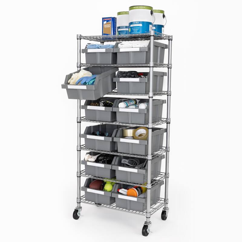 Seville Classics Commercial 7-Tier NSF 12 Bin Steel Rack Shelving Storage System, 24" W x 14.25" D x 56" H