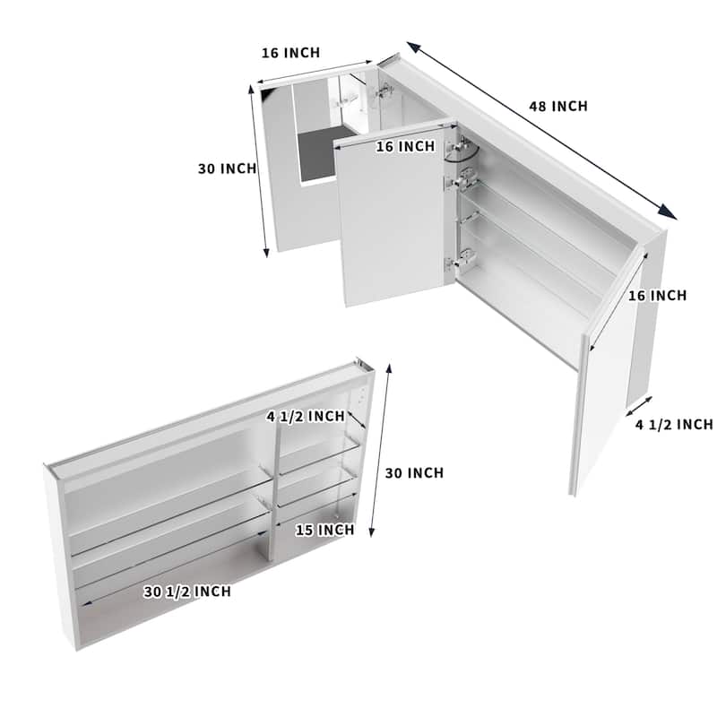 Modland 36"-48"W x 30"H LED Bathroom Medicine Cabinet Dimmable Anti-Fog,Recessed or Surface Mount