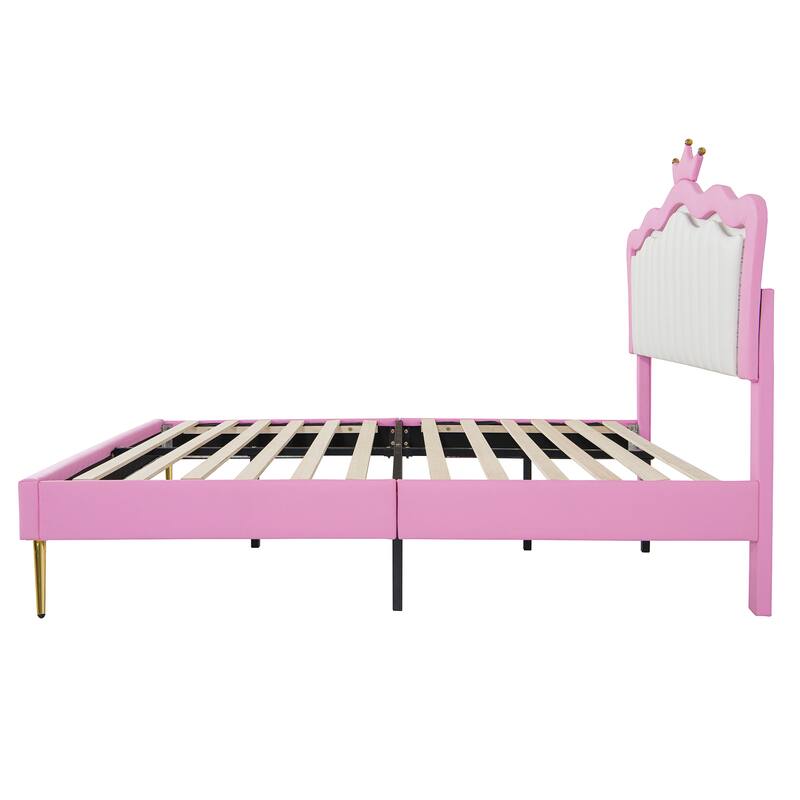 Full Size Modern Upholstered Princess Platform Bed with LED & Crown Headboard