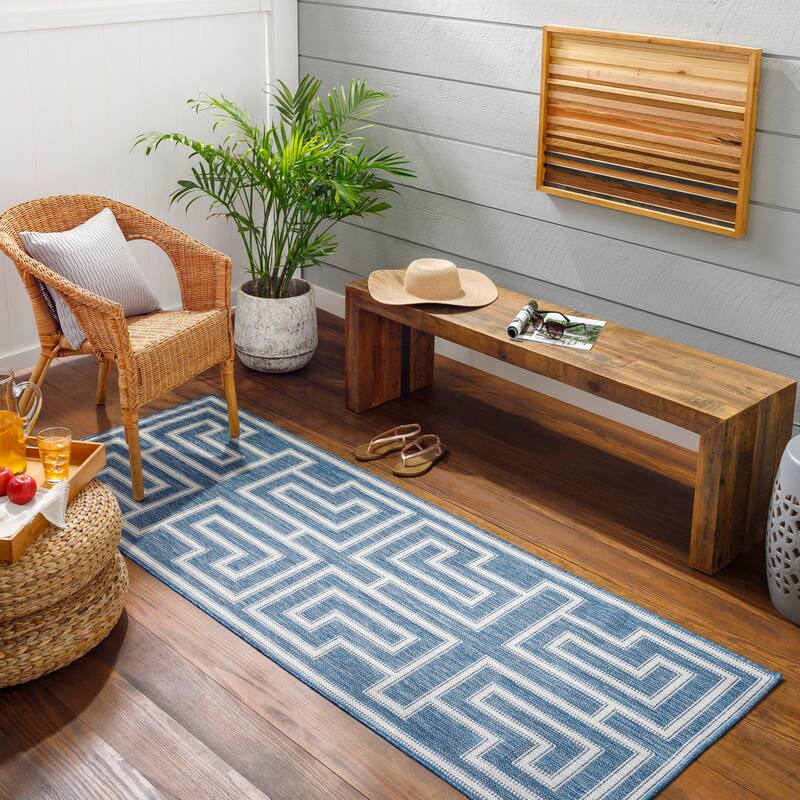 Livabliss Shuppo Indoor/ Outdoor Scrollwork Area Rug - 2'7" x 7'3" Runner - Dark Blue